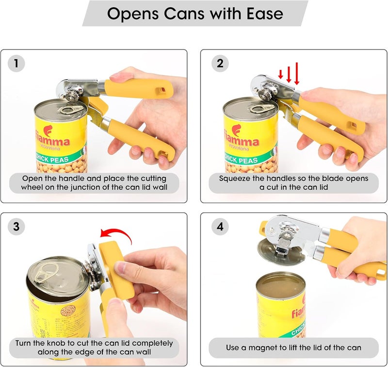 Beneno Heavy Duty Hand Can Opener Manual with Magnet, Durable Sharp Carbon Steel Blade Smooth Cutting, Big Effort-Saving Knob, Soft Grip Handle, Multifunctional Kitchen Tool with Bottle Opener, Yellow - Image 4